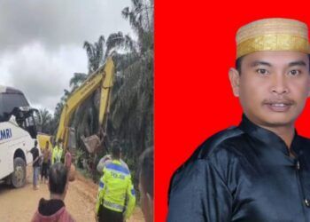 Akibat Material Proyek Pembangunan Yang Cair, Jalan Jadi Licin Hingga Akibatkan Sebuah Armada Bus DAMRI Tergelincir