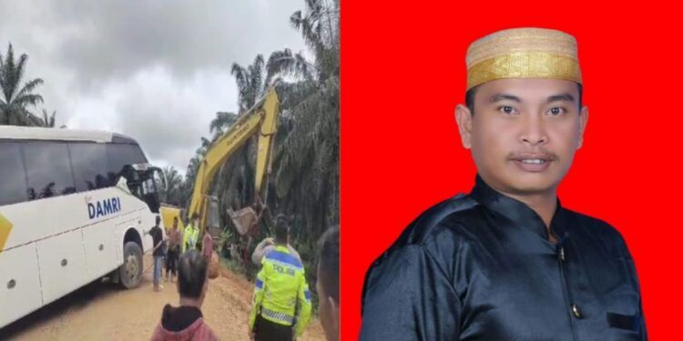 Akibat Material Proyek Pembangunan Yang Cair, Jalan Jadi Licin Hingga Akibatkan Sebuah Armada Bus DAMRI Tergelincir