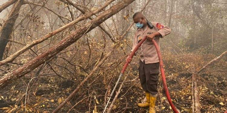 Satgas Karhutla Satbrimob Polda Kalteng Terus Lakukan Pembasahan di Tanjung Taruna   